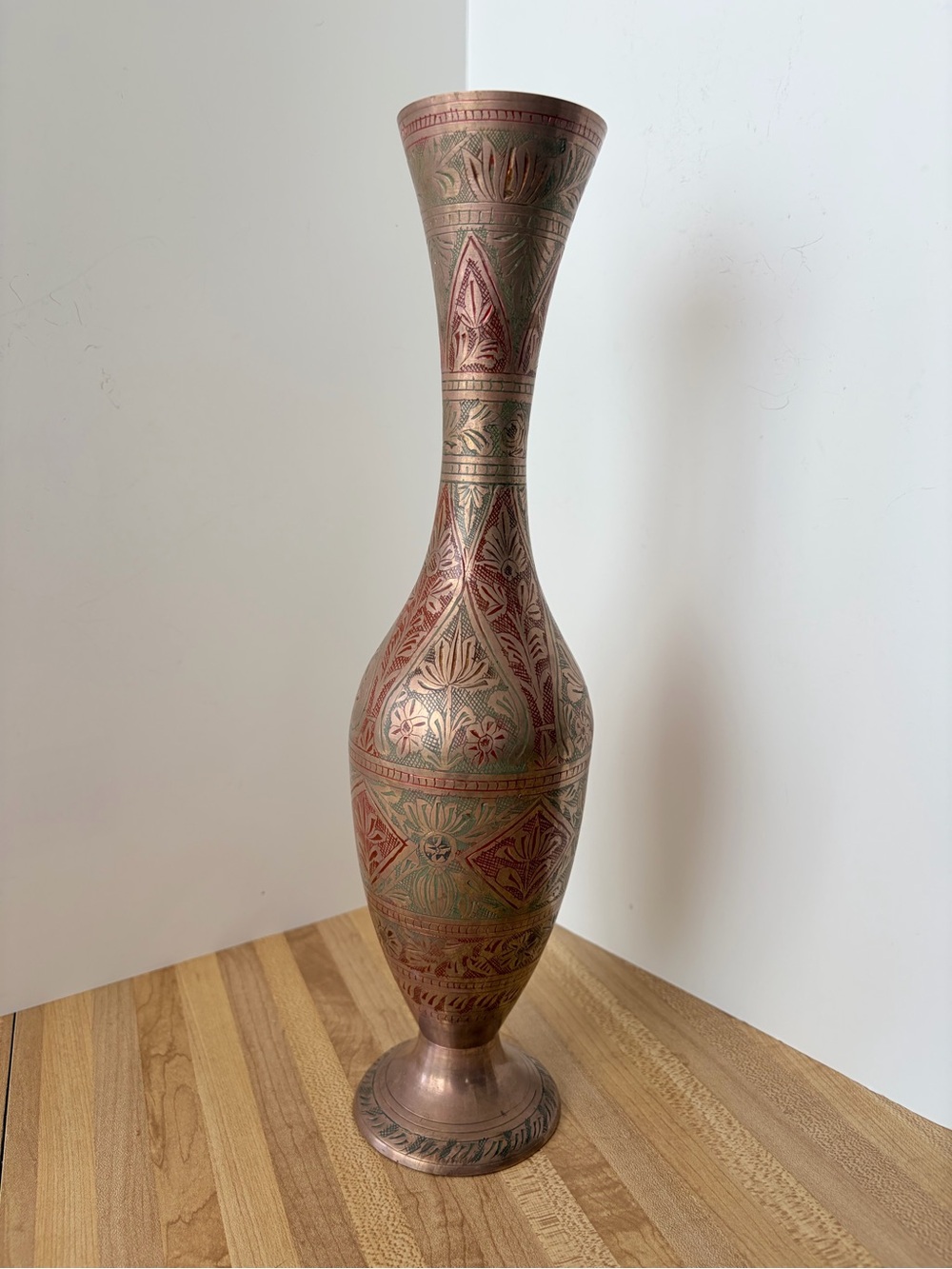 Vintage Gupta Solid Brass Floral Etched Vase.
